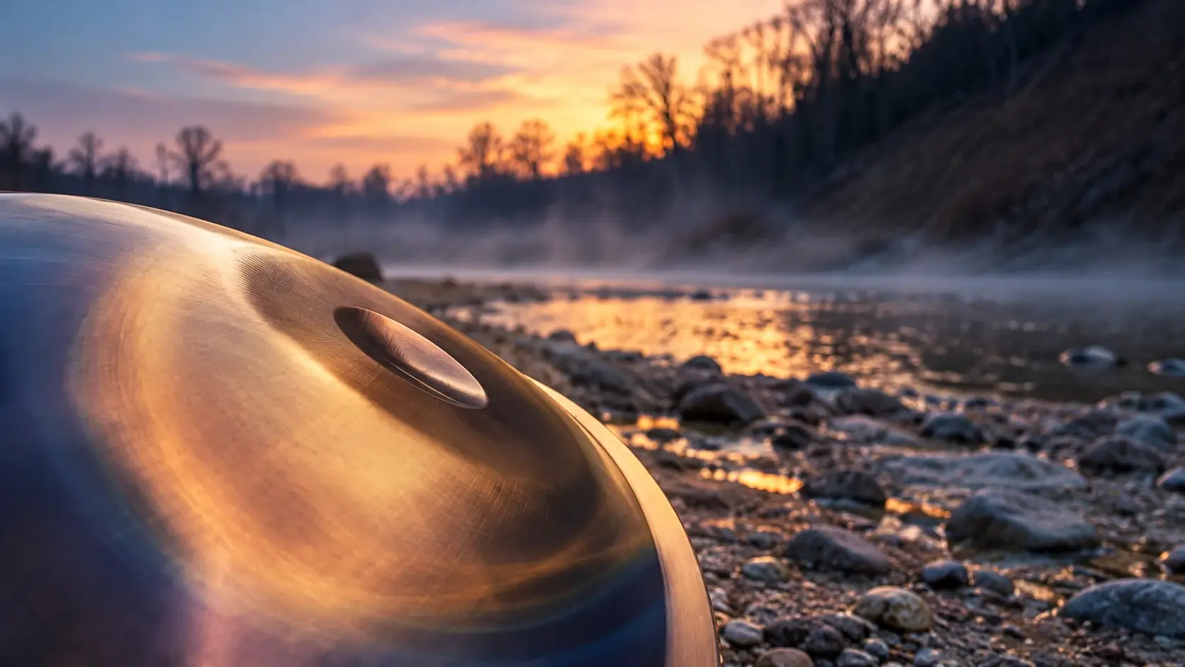 Primo piano di un handpan metallico illuminato dalla luce calda del tramonto, sulla riva di un fiume circondato da alberi.