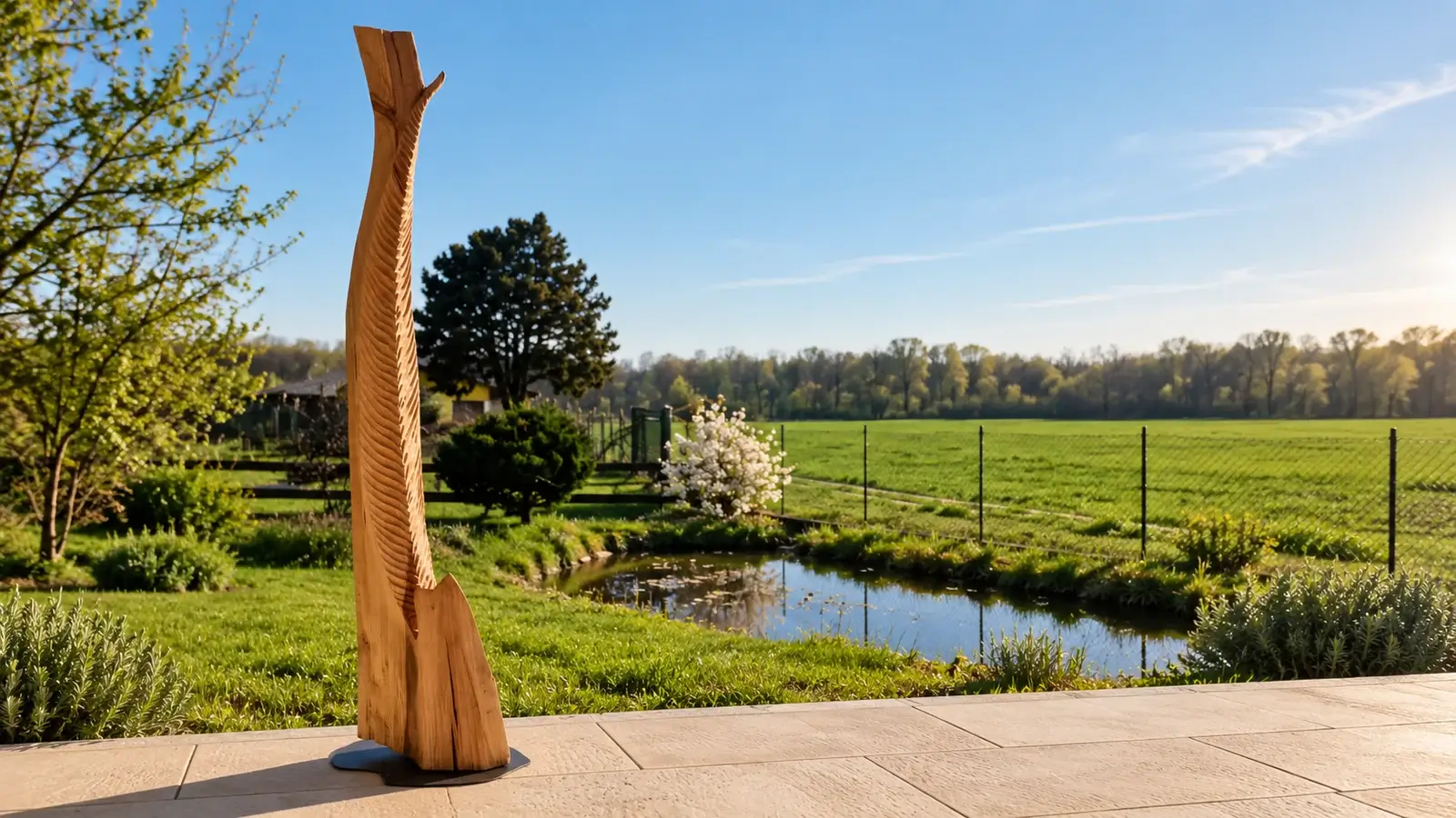 Scultura verticale in legno intagliato collocata in un giardino, accanto a uno specchio d'acqua e a un prato verde.