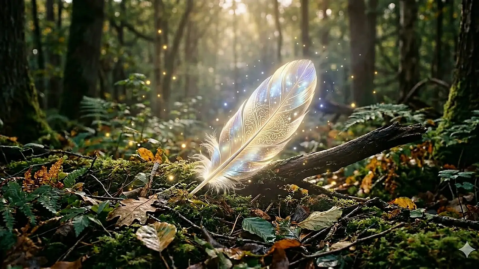 Piuma luminosa con decorazioni delicate appoggiata sul muschio di un bosco, circondata da piccoli bagliori e raggi di luce.