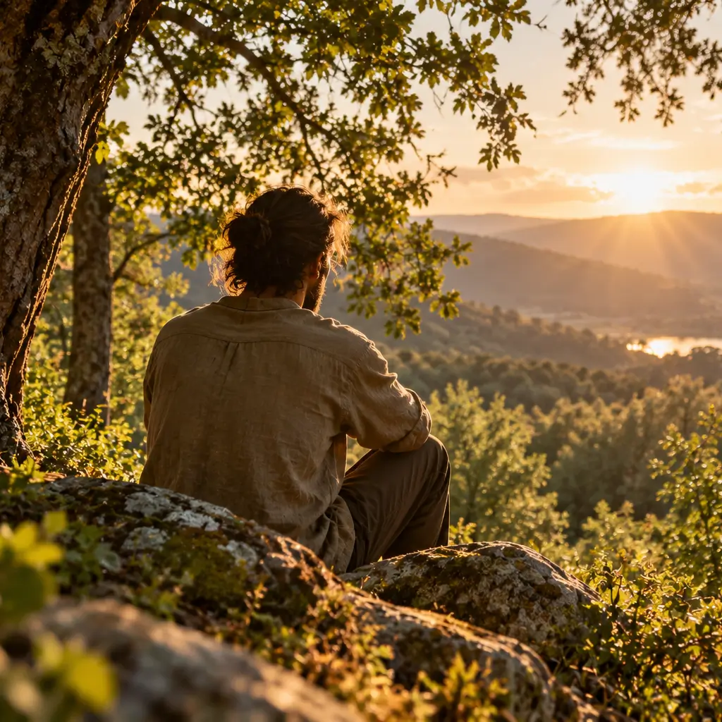 Figura immersa nel silenzio della natura al tramonto, in un momento di pausa e cambiamento