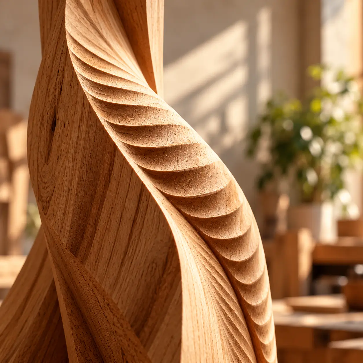 Dettaglio ravvicinato delle forme e delle incisioni di una scultura in legno