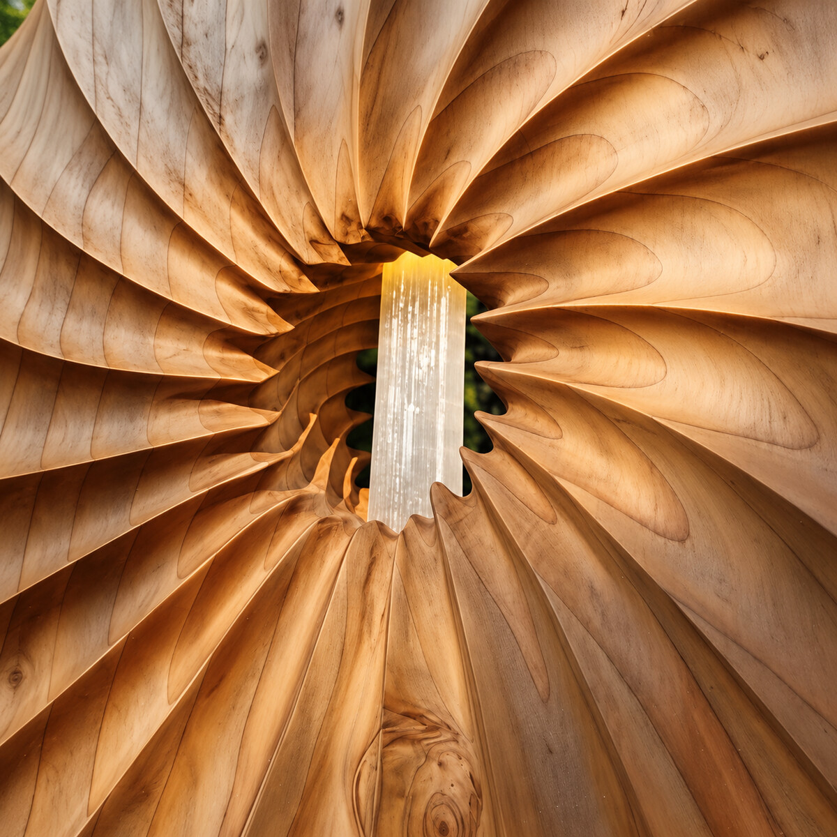 Bacchetta di selenite illuminata al centro della lavorazione scultorea in cedro di Filo di Luce
