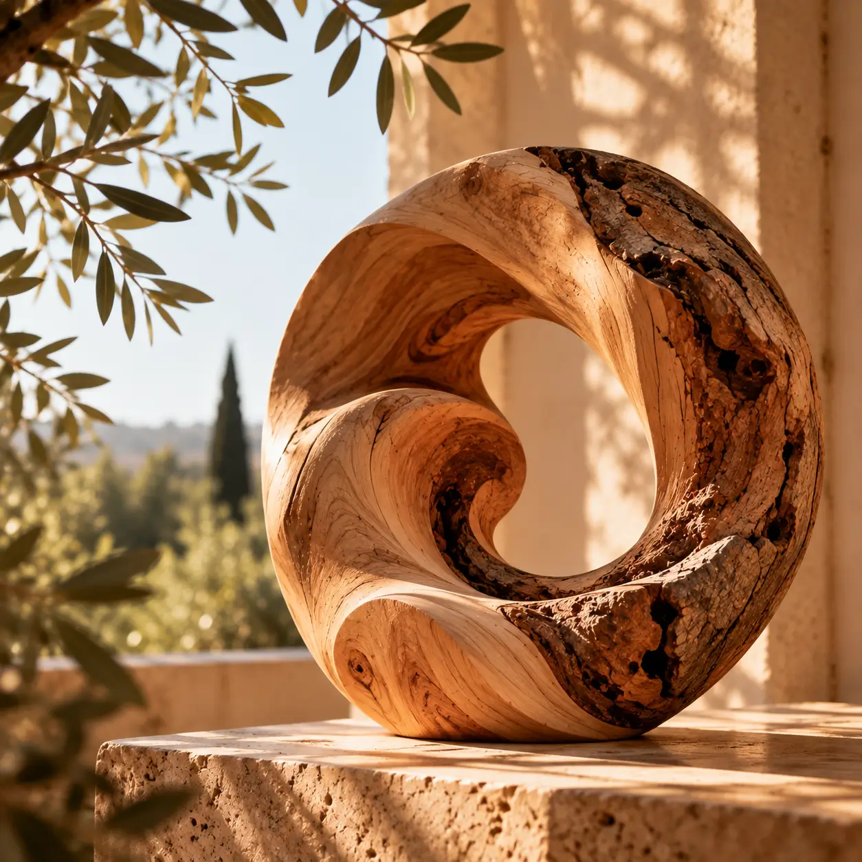 Scultura circolare in legno dalle forme organiche, simbolo di equilibrio tra materia e natura