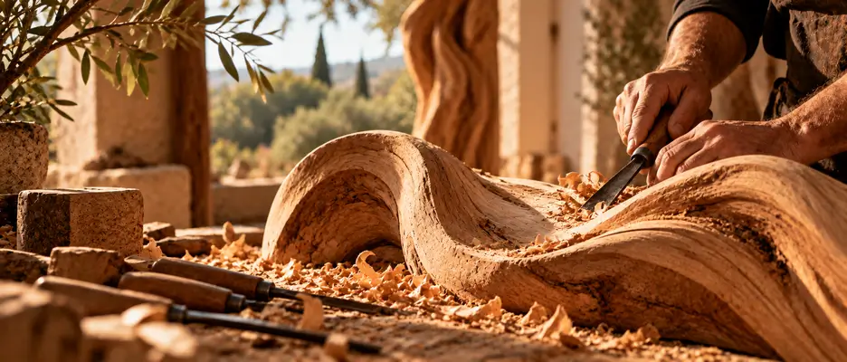 Mani dell'artigiano mentre scolpiscono il legno e danno forma a una creazione RadiAnima
