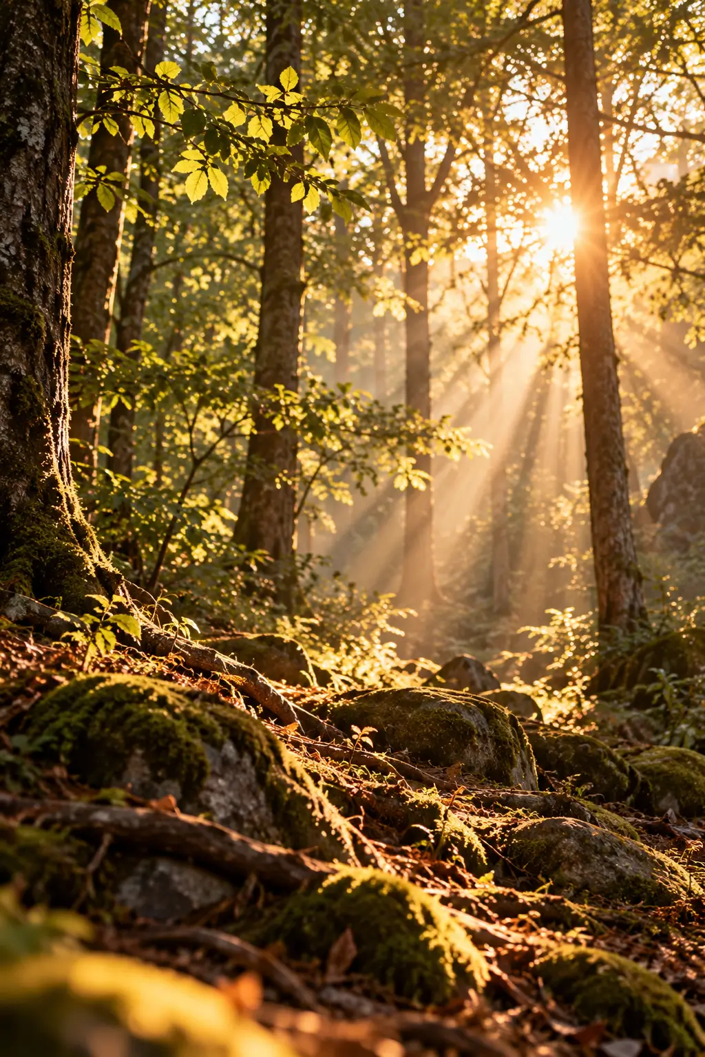 Luce naturale che attraversa gli alberi di un bosco, simbolo di ascolto, radici e nuovo inizio in RadiAnima
