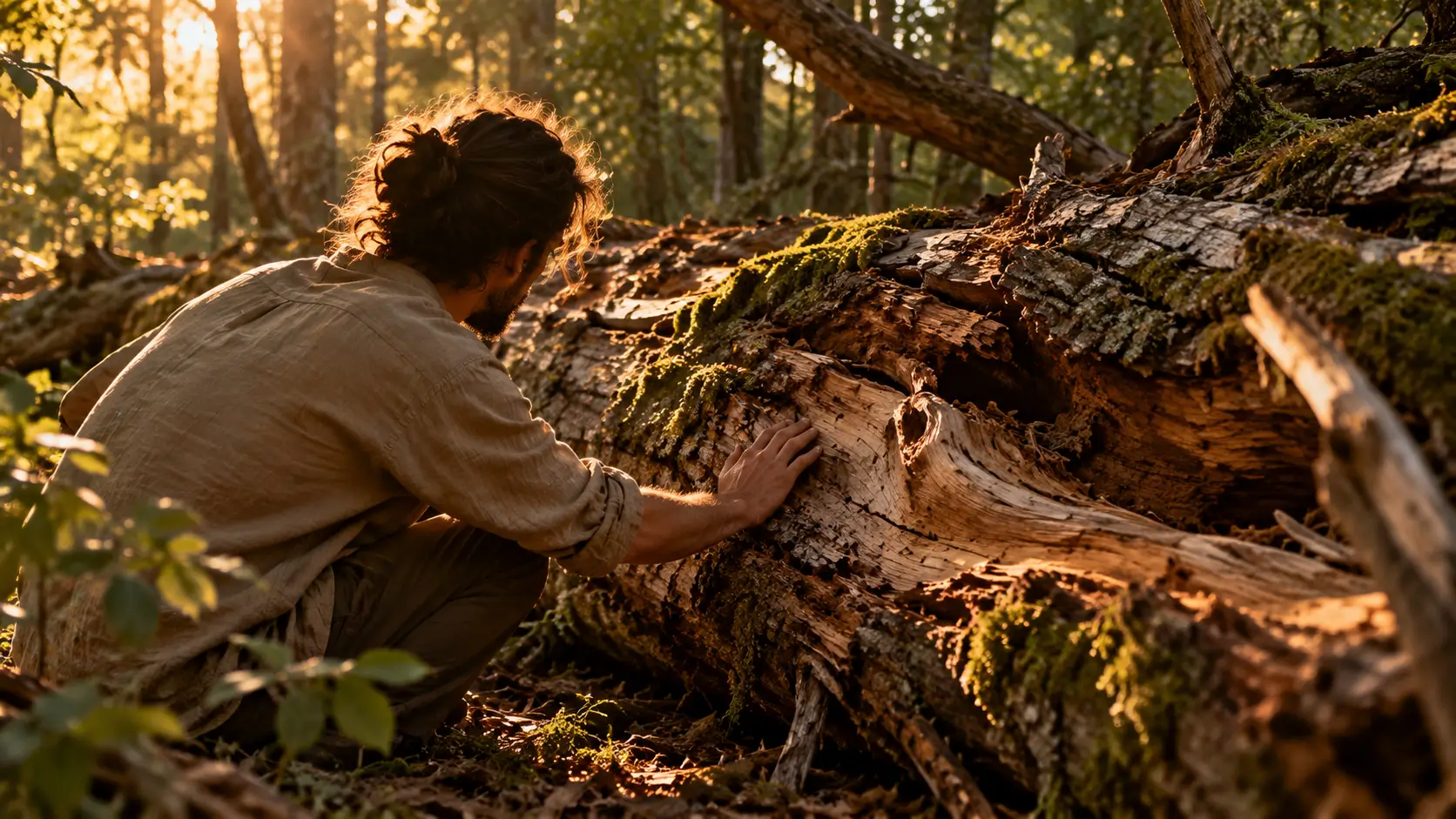 Artigiano nel bosco mentre osserva e tocca un tronco caduto, ascoltando le forme naturali del legno