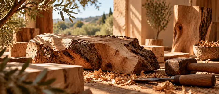 Legno grezzo con venature, nodi e corteccia nel laboratorio artigianale RadiAnima