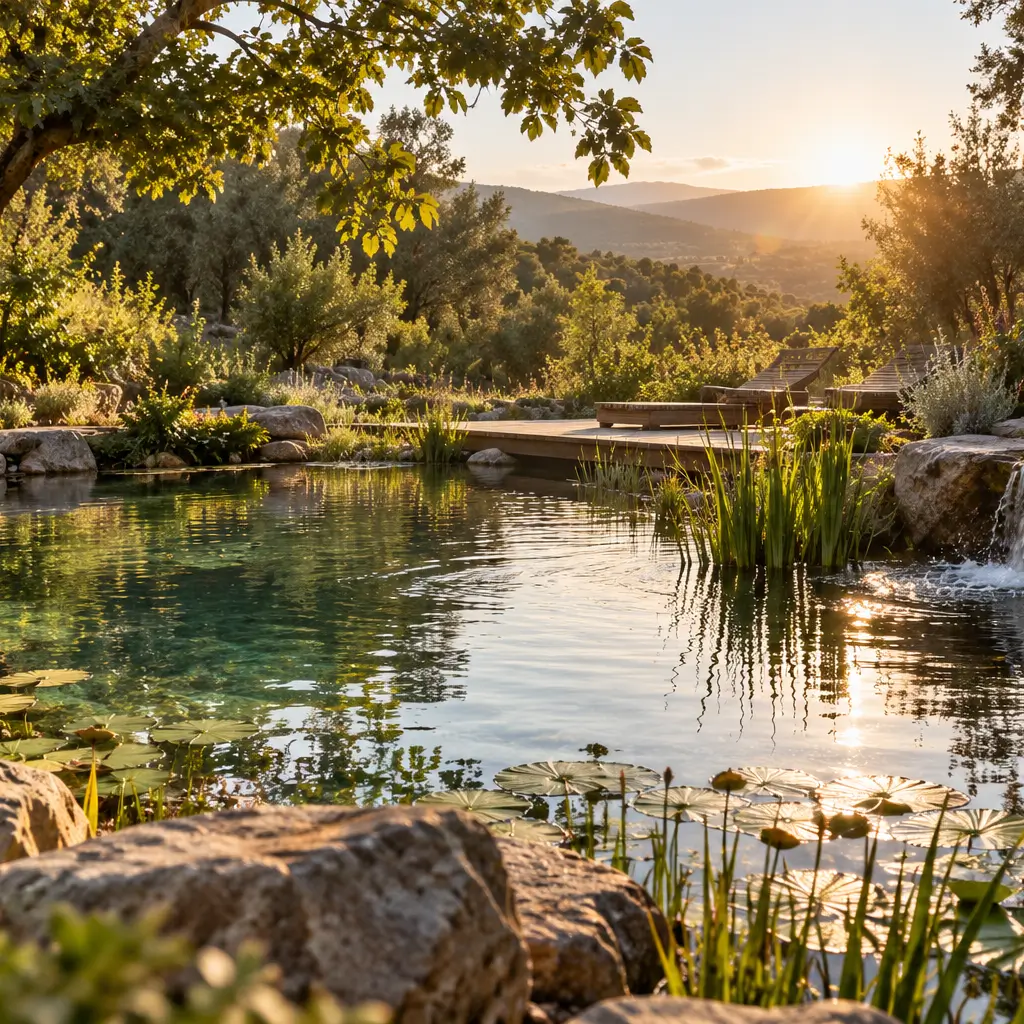 Piscina naturale integrata nel paesaggio tra pietra, vegetazione e acqua, illuminata dalla luce del tramonto