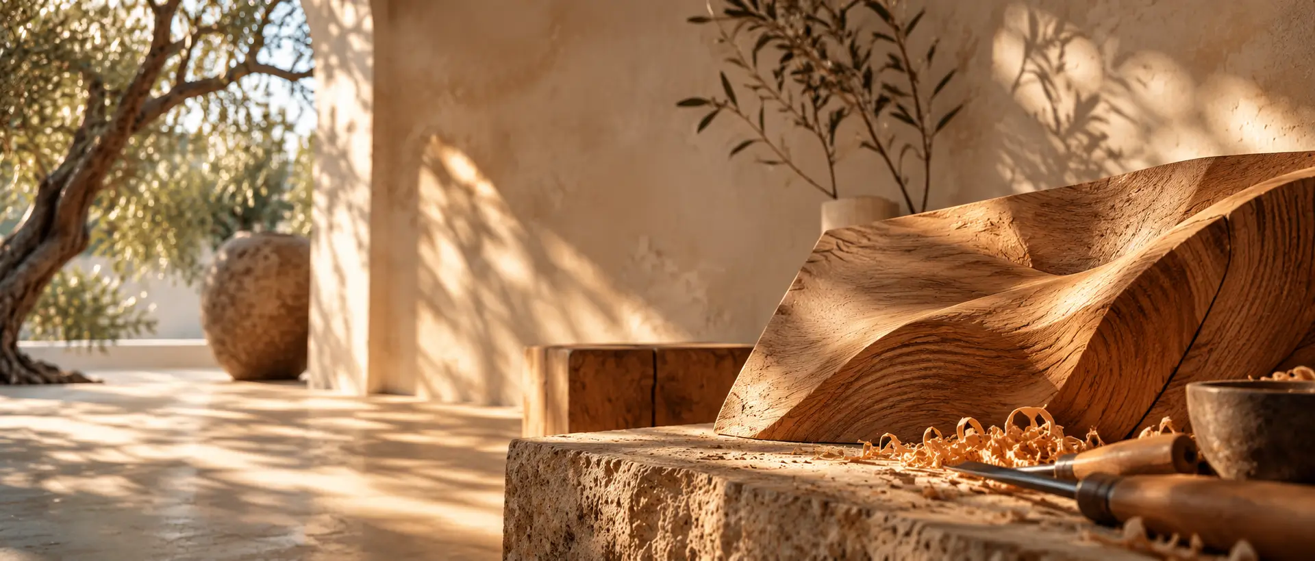 Scultura in legno lavorata a mano illuminata dalla luce naturale in un ambiente ispirato alla natura