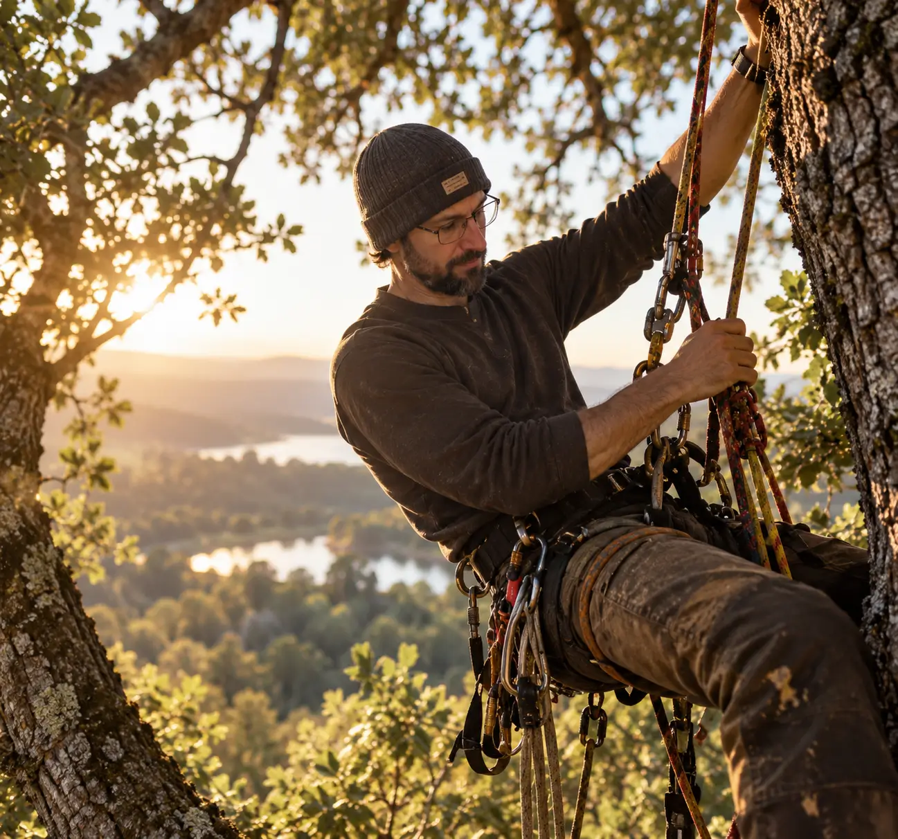 Tree climber sospeso tra gli alberi durante un’attività di arboricoltura